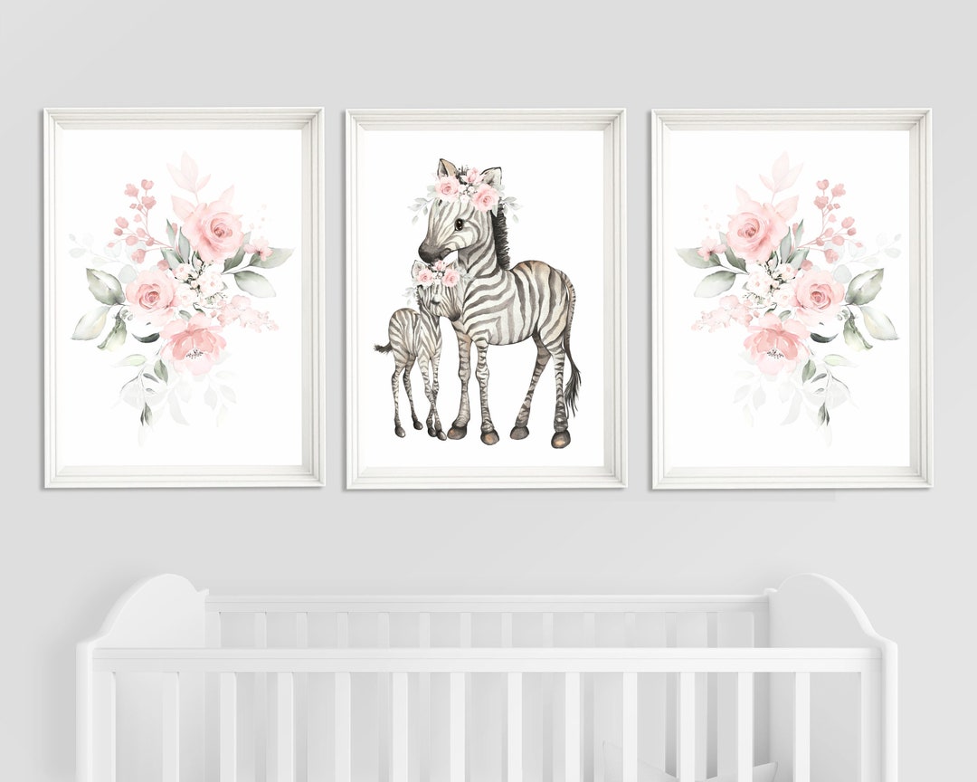 View of Zebra Nursery Girl Decor, Nursery Wall Art Girl, Floral Girl Nursery ...