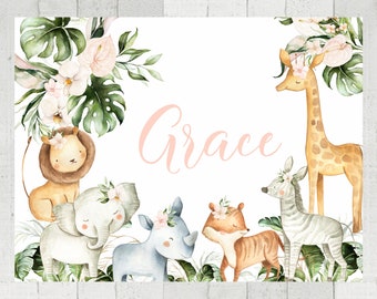 Personalized Jungle Animals Baby Blanket: Watercolor Safari Nursery Decor