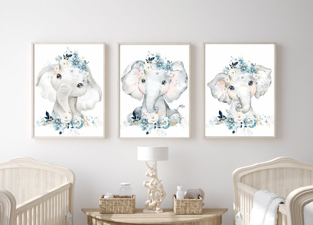 Set of 3 Elephant Prints, Nursery Decor Girl Floral, Elephant Nursery Wall Decor, Elephant