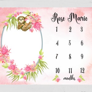 Sloth Baby Girl Milestone Blanket Personalized Monthly Blanket Floral Girl Blanket Baby Girl Blanket Girl Sloth Blanket Boho Blanket - 324