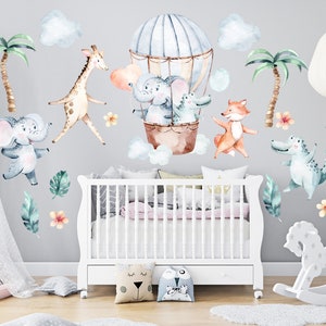 Watercolor Safari Nursery Wall Decal: Hot Air Balloon, Elephant, Giraffe