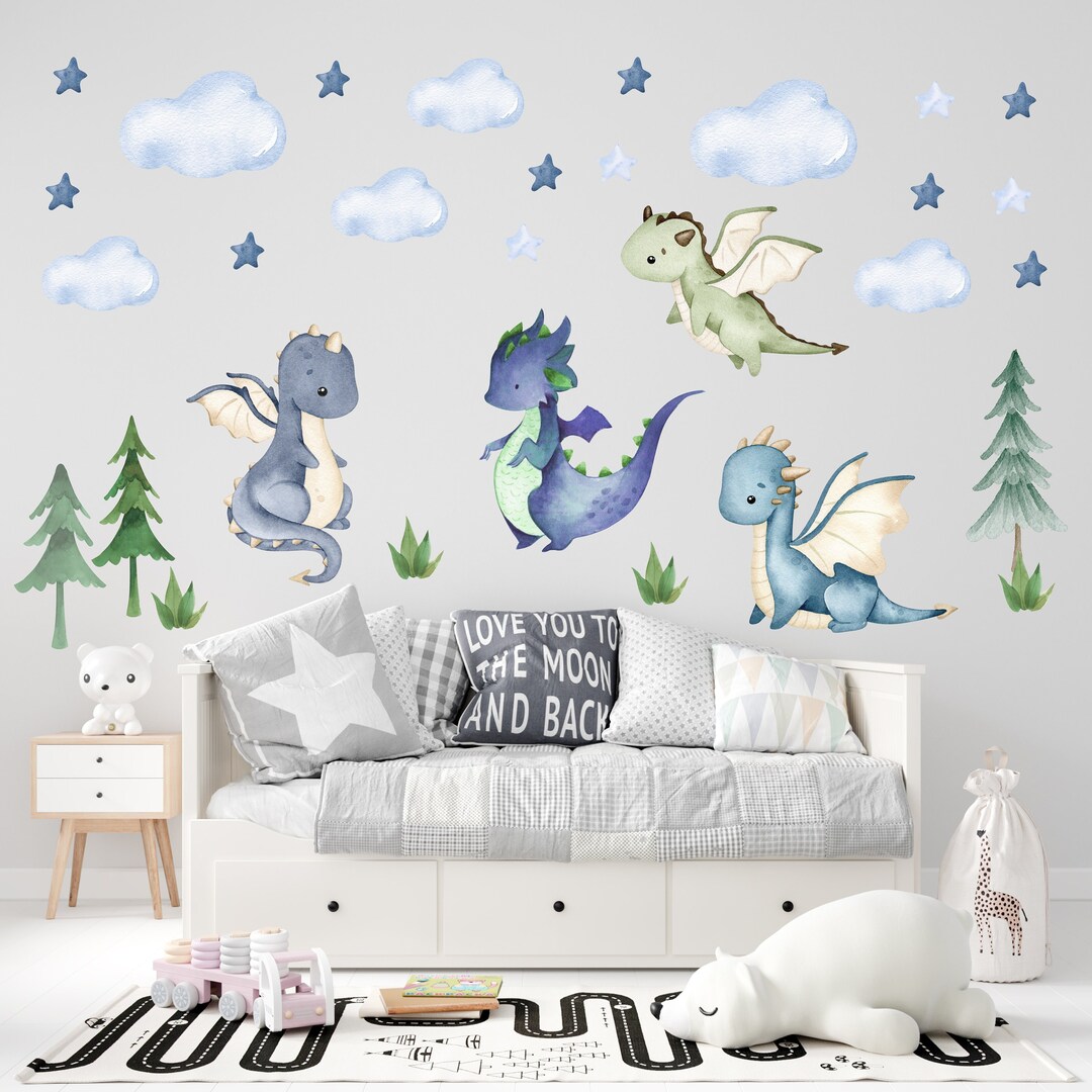 Watercolor Dragon Nursery Wall Decals: Removable Kids Room Decor - Etsy