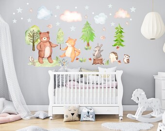 Watercolor Woodland Nursery Decal: Forest Animals & Trees