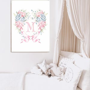 Grandmillennial monogram girl wall art, girl crest monogram print, pink girl nursery print, floral monogram nursery prints, shower gift M002