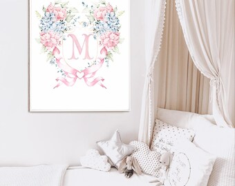 Floral Monogram Girl Nursery Print: Pink & Blue Crest