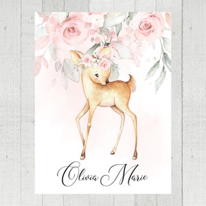 Personalized Deer Baby Blanket: Floral Watercolor Girl Name Blanket