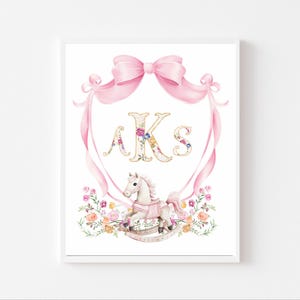 Monogram girl wall art, girl crest monogram print, pink nursery print, floral crest monogram decor, monogram nursery, millennial print M006