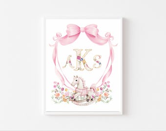 Floral Crest Monogram Girl Nursery Print: Pink Rocking Horse Decor