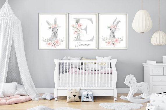 Bunny nursery wall art, pink grey nursery decor, bunny print nursery girl,  rabbit nursery print, bunny prints, girl nursery wall decor - 341