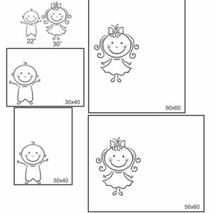 以下が含まれることがあります： 赤ちゃんの人形が描かれたフレームが4つある印刷可能なチャート。チャートには「Please see baby chart for average month by month height」と書いてあります。フレームには、22" x 30"、30" x 40"、50" x 60"、30" x 40"という寸法が書かれています。チャートの下部には「Minky Bear Designs」と書いてあります。