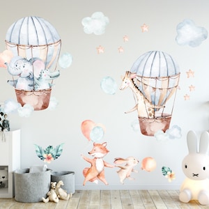Watercolor Safari Nursery Wall Decal: Hot Air Balloons & Animals