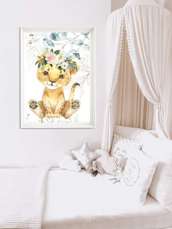 Lion Nursery Print: Floral Crown Safari Decor