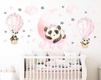 Watercolor panda nursery decal with hot air balloons, nursery panda wall decor, panda decal, baby room decor, sleeping panda decal - 62