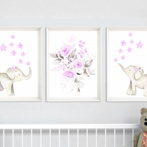 Purple nursery decor, elephant nursery wall decor, elephant nursery wall art, floral nursery, girl  nursery, purple nursery wall art - 372