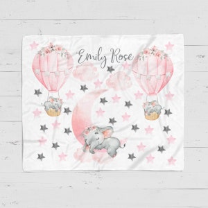 Personalized Baby Girl Blanket: Watercolor Elephant, Hot Air Balloon, Swaddle Blanket