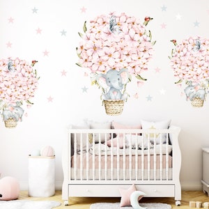 Hot air elephant balloon decal, girls watercolor hot air balloons, nursery decal, baby room balloon decor, jungle nursery wall sticker  121