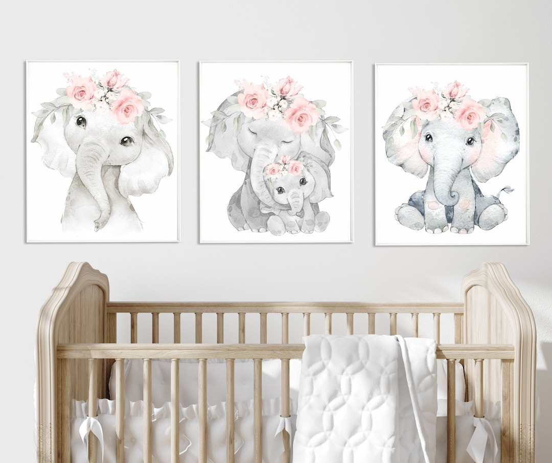 Floral Elephant Nursery Prints: Set of 3 Girl Room Wall Art - Etsy