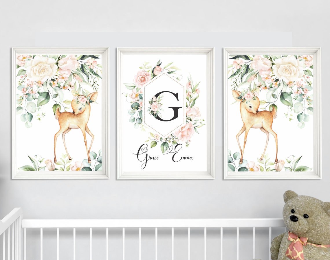 Nursery Girl Decor Deer Nursery Wall Art Girl Floral Girl Etsy