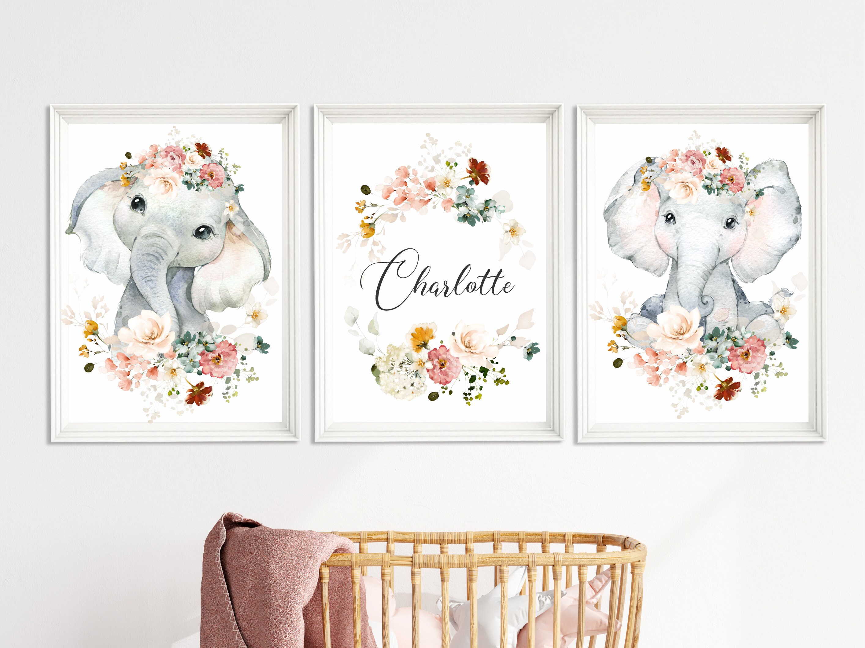 Floral Elephant Nursery Art Prints: Baby Girl Decor, Set of 3 - Etsy