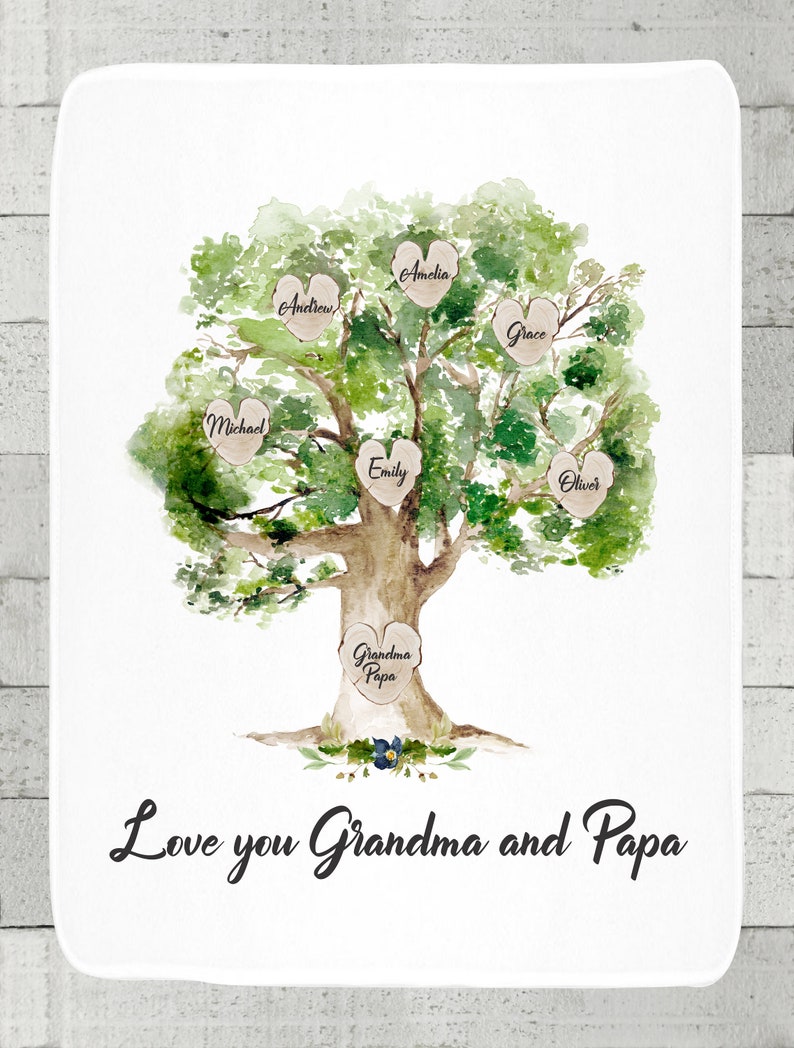 May include: A watercolor painting of a green tree with brown branches and heart-shaped leaves. The leaves have names written on them, including Andrew, Amelia, Grace, Michael, Emily, Oliver, Grandma, and Papa. The text "Love you Grandma and Papa" is written at the bottom of the image.