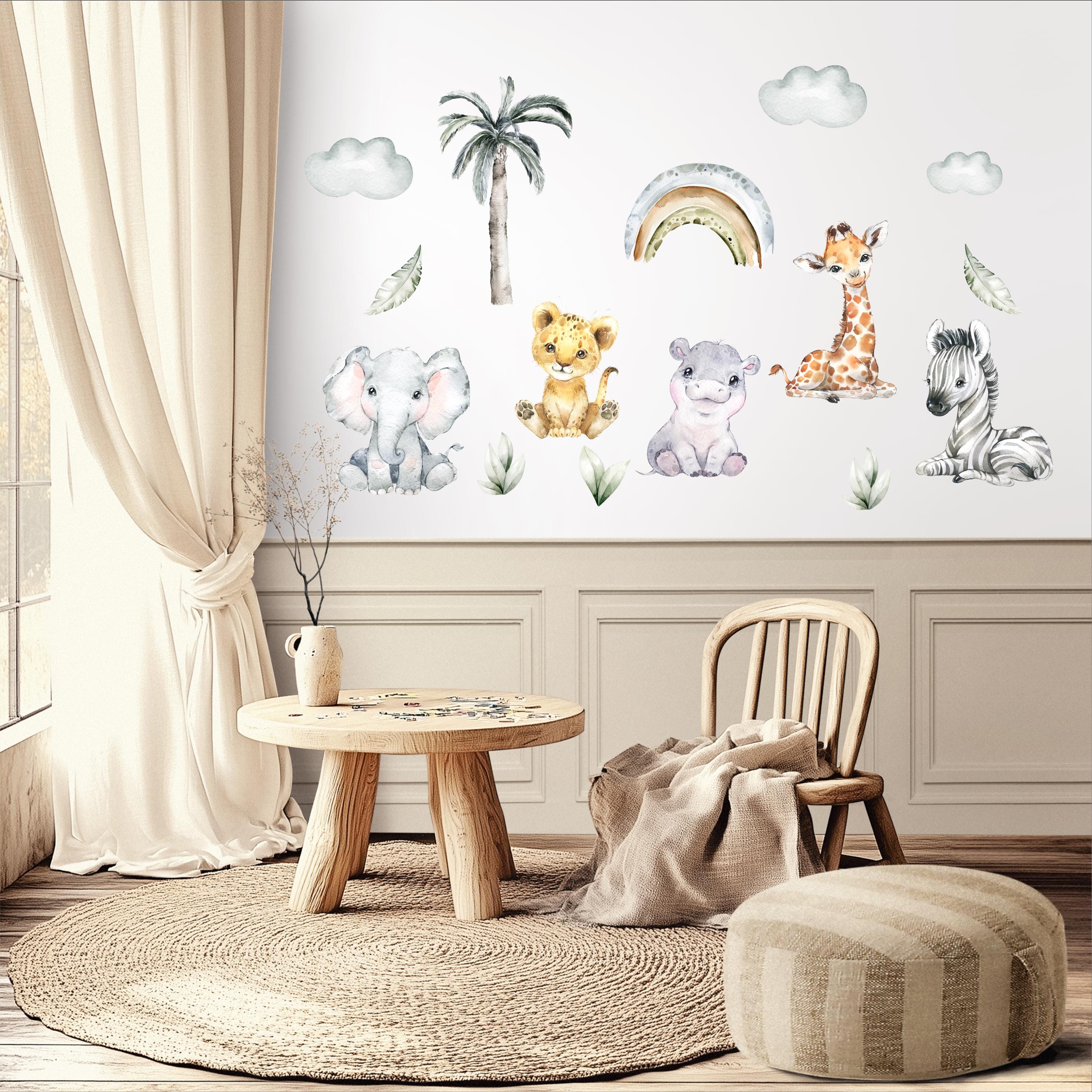 Runtoo Watercolor Safari Animal Wall Decals - Elephant, Giraffe, Lion Stickers For Kids Room Decor - View #2