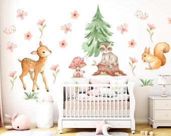 Watercolor Woodland Nursery Decal: Forest Animals, Tree, and Flowers - 170