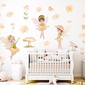 Fairy nursery decal with flowers, fairy wall decor, baby room decor, fairy wall stickers, girls wall art, fairy nursery mural - 137