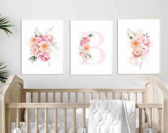 Láminas florales para guardería: acuarela rosa melocotón, inicial personalizada