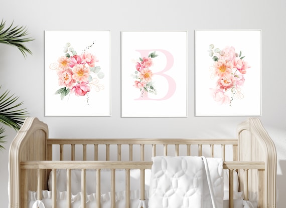 Floral Nursery Prints: Pink Peach Watercolor, Custom Initial
