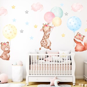 Watercolor Animals with Balloons Wall Decal: Nursery Decor