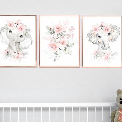 Set of 3 Elephant Prints Nursery Decor Girl Floral Elephant Etsy