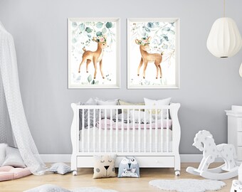 Deer Nursery Prints (Set of 2): Floral Girl Room Decor