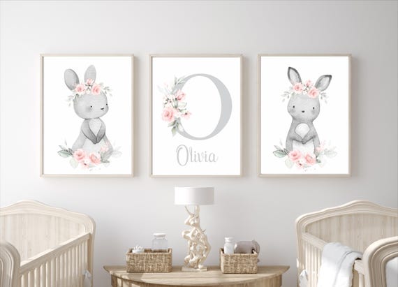 Bunny Nursery Prints: Pink Gray Baby Room Wall Art, Set of