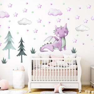 Purple Dragon Nursery Wall Decal: Watercolor Dragon, Trees, Stars