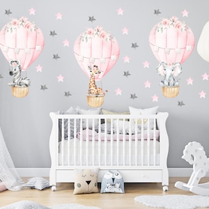 Hot air balloon decal, girls watercolor safari hot air balloon nursery decal, baby room balloon decor, jungle nursery wall sticker  31