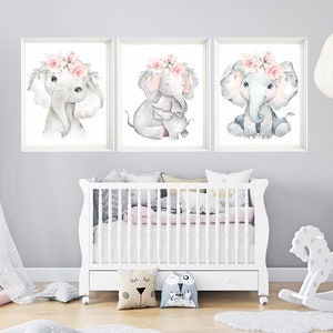Set of 3 Elephant Prints, Nursery Decor Girl Floral, Elephant Nursery ...