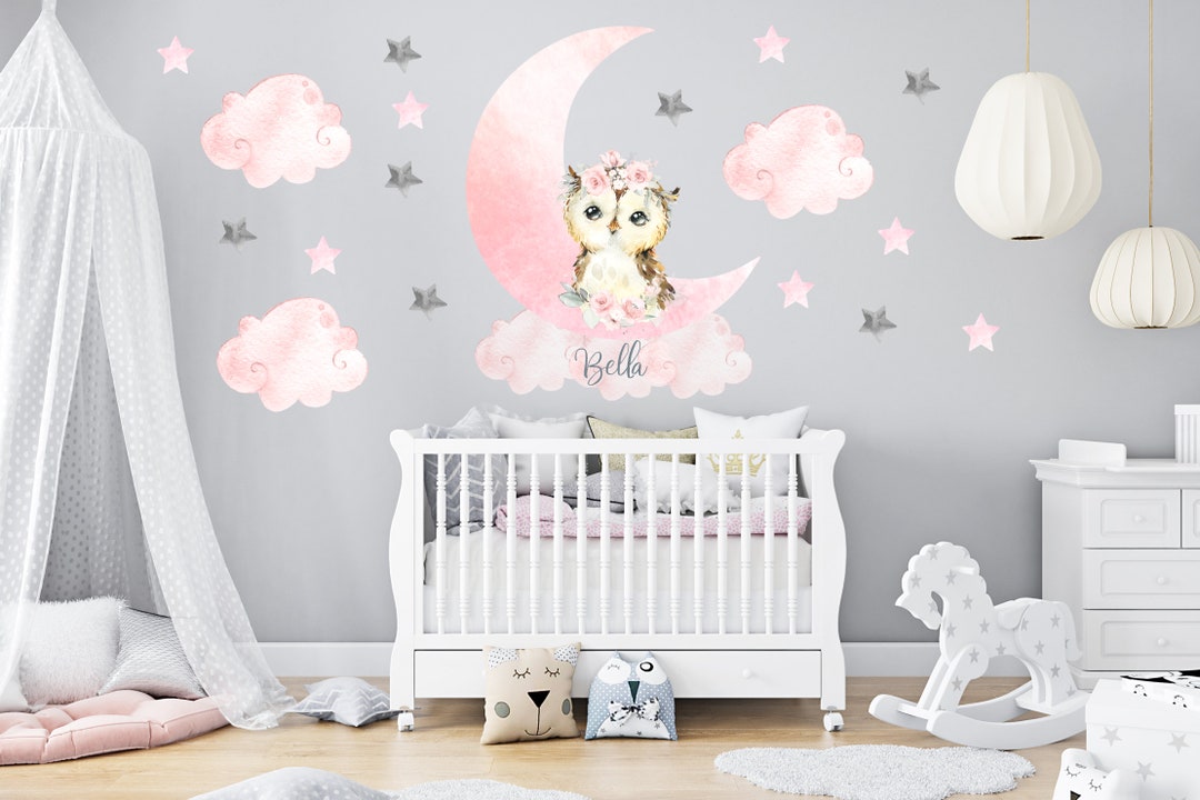Watercolor Owl Nursery Wall Decal: Moon, Clouds & Stars - Etsy