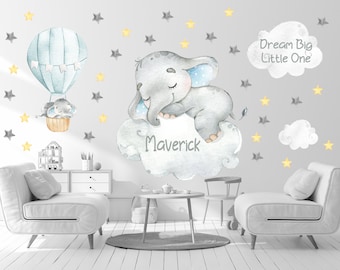 Elephant wall decal,  hot air balloon with sleeping baby elephant, baby name wall elephant sticker, baby room decal, elephant wall decor -90