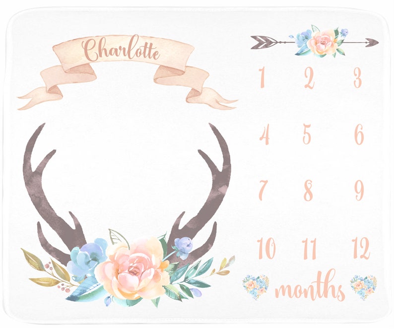 Deer Antler Girl Milestone Blanket Floral Deer Blanket Peach and Blue Newborn Baby Girl Floral Blanket Baby Gift Boho Baby Blanket Baby Girl