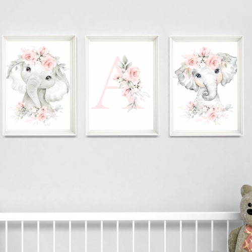 Set of 3 Elephant Prints Nursery Decor Girl Floral Elephant Etsy