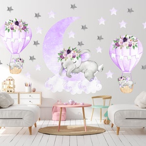 Watercolor Elephant Nursery Decal: Sleeping Elephant, Hot Air Balloons