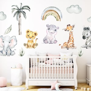 Watercolor Safari Animals Wall Decal: Neutral Nursery Decor
