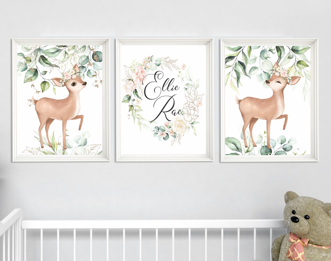 Nursery Girl Decor Deer Nursery Wall Art Girl Floral Girl Etsy