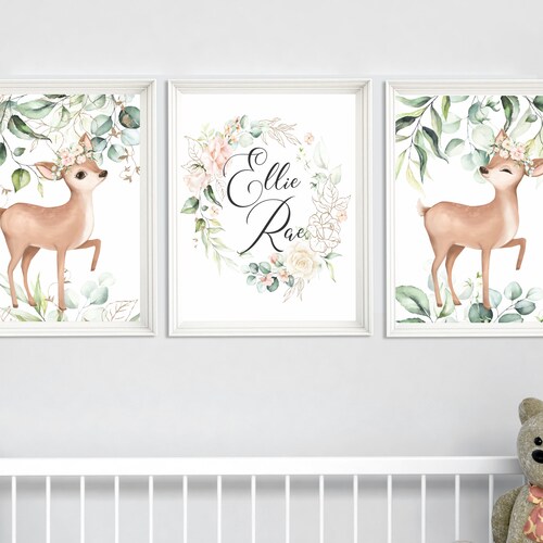 Nursery Girl Decor Deer Nursery Wall Art Girl Floral Girl Etsy