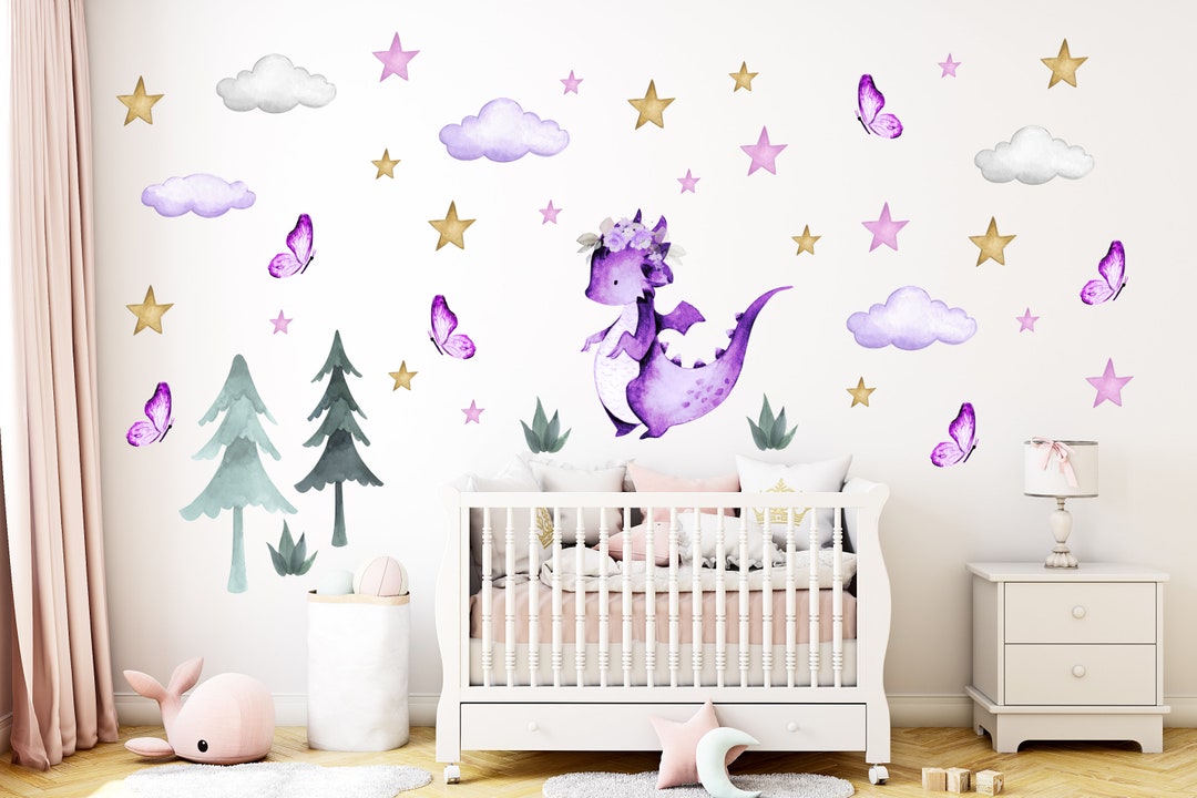 Girl Dragon Nursery Decor, Dragon Wall Stickers, Purple Nursery, Dragon Wall Decor, Nursery Wall