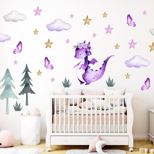 Girl dragon nursery decor, dragon wall stickers, purple nursery, dragon wall decor, nursery wall decal, baby room dragon decor   - 157