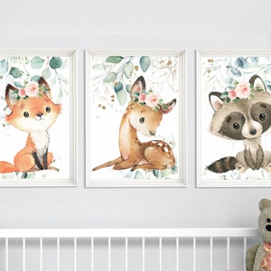 3 woodland animal nursery prints with flowers, deer, fox, raccoon prints, girl room forest animal prints, girl decor, baby prints -  304