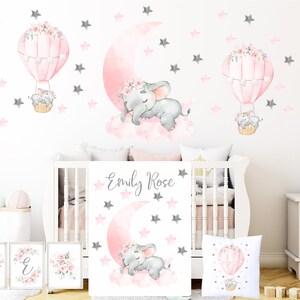 Elephant Nursery Decor Set: Personalized Blanket, Pillow, Wall Decal