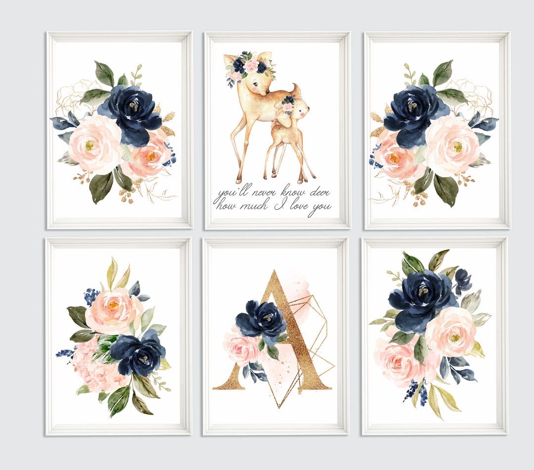 Nursery Girl Decor Deer, Nursery Wall Art Girl, Floral Girl Nursery