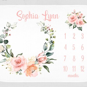 Personalized Floral Wreath Milestone Blanket: Baby Girl Monthly Photo Prop